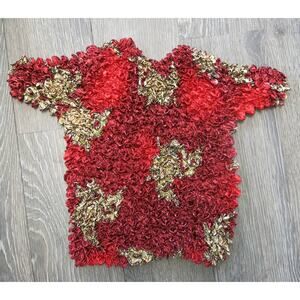 VINTAGE F.C Bubble Popcorn Crinkle Crop Top One Size Y2K Short Sleeve Red/Gold